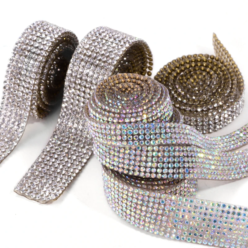 Cinta autoadhesiva SS6 Bling Crystal Chatons, rollo de malla de costura, parches de fijación en caliente, 1 yarda, 4/6/8 filas, 2mm, F0263