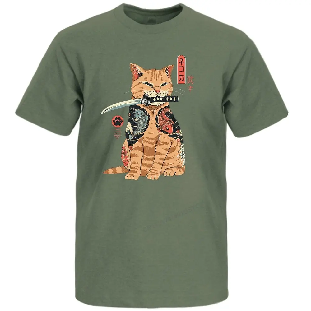 Japanese Style Cat Samurai Sword Cotton Top T Shirt Cool Ptinted Top T Shirts Street Funny Camisas Hombre Top Men Rock Tshirts