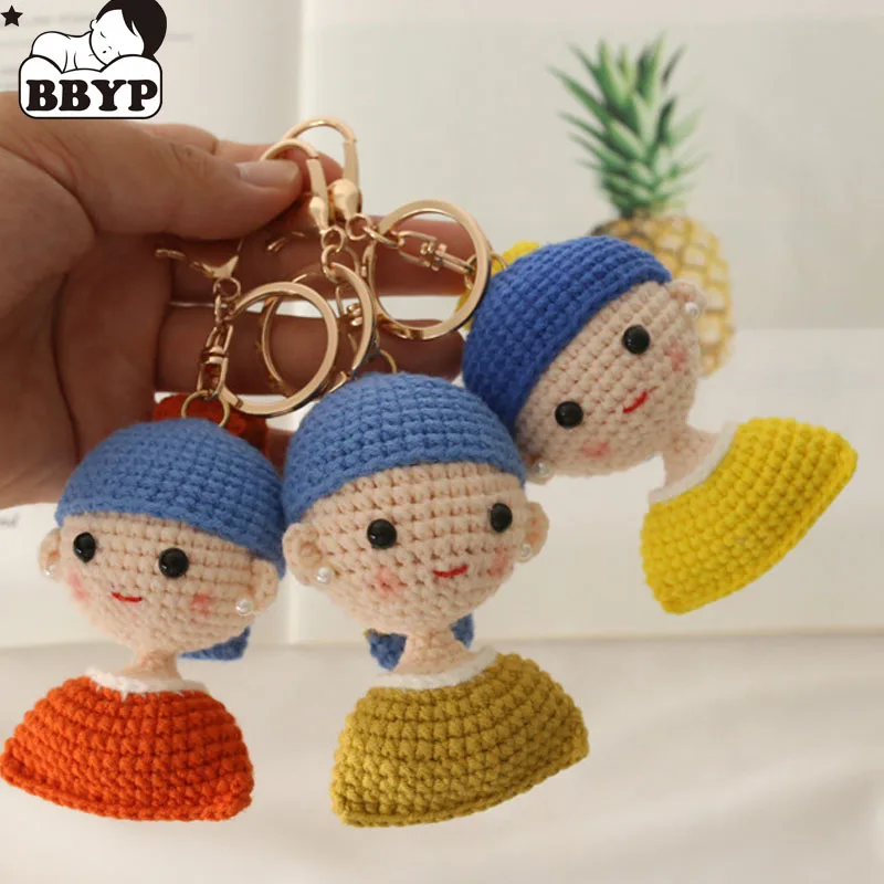 Cute Mini Plush Toy Phone Chain Hand-woven Knitted Pearl Girl Doll Pendant Jewelry For Girls Kawaii Key Pendant Bag Decoration