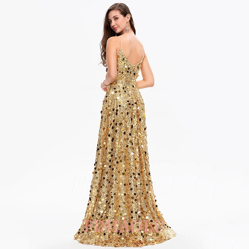 FDHAOLU AE138 Goldชุดราตรียาวเซ็กซี่สปาเก็ตตี้V-Neck Sequinedอย่างเป็นทางการParty Gowns Vestido De Gala