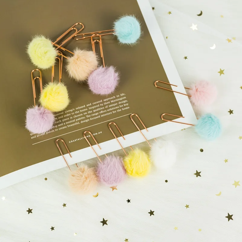 new packing 3Pcs/lot Cute Colored Hair Ball Paper Clip Metal Bookmark Home Decoration Gift Stationery School Office Supply