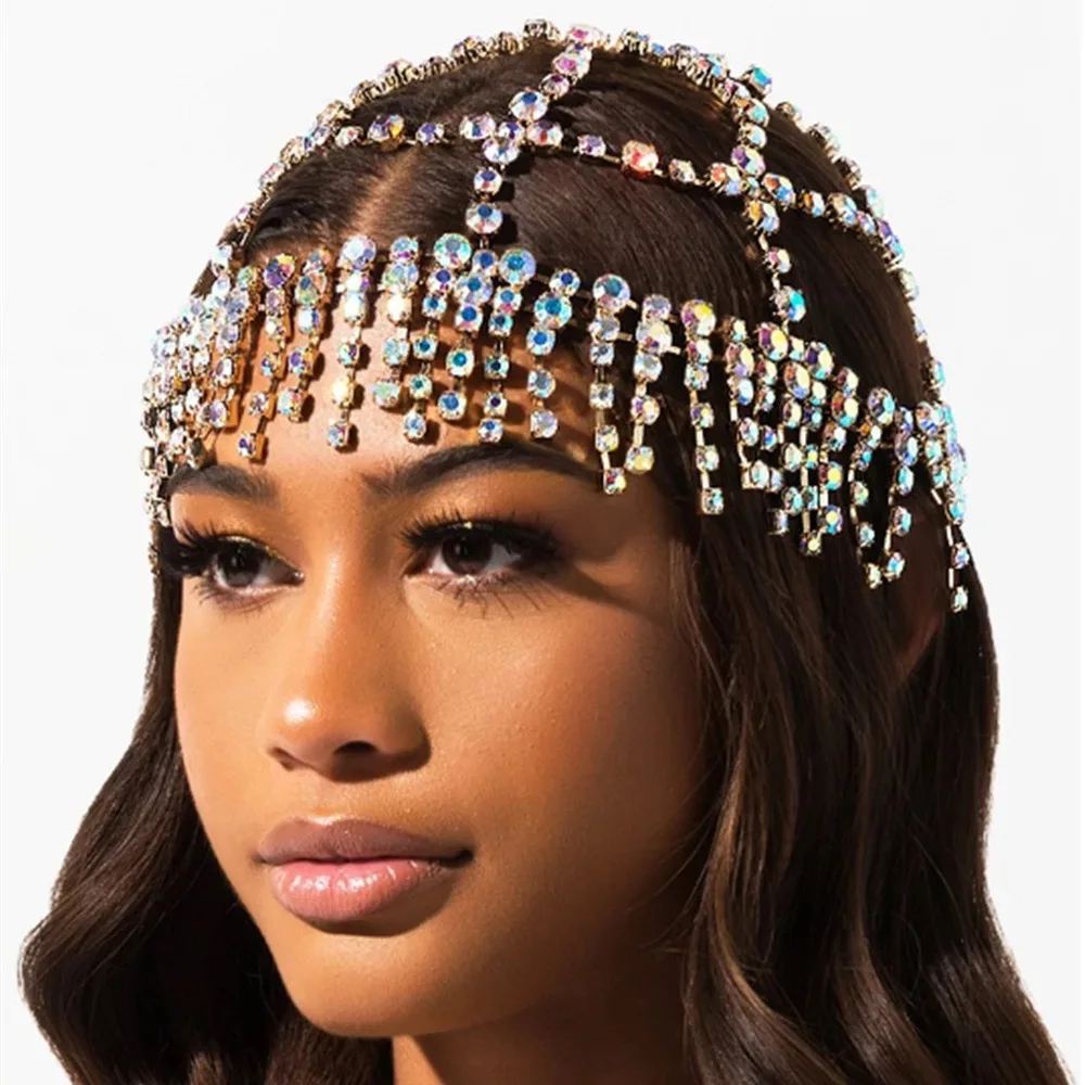 Trendy Hat Rhinestone Tassel Headpiece Forehead Chain for Women Crystal Indian Bridal Head Chain Wedding Jewelry Gift