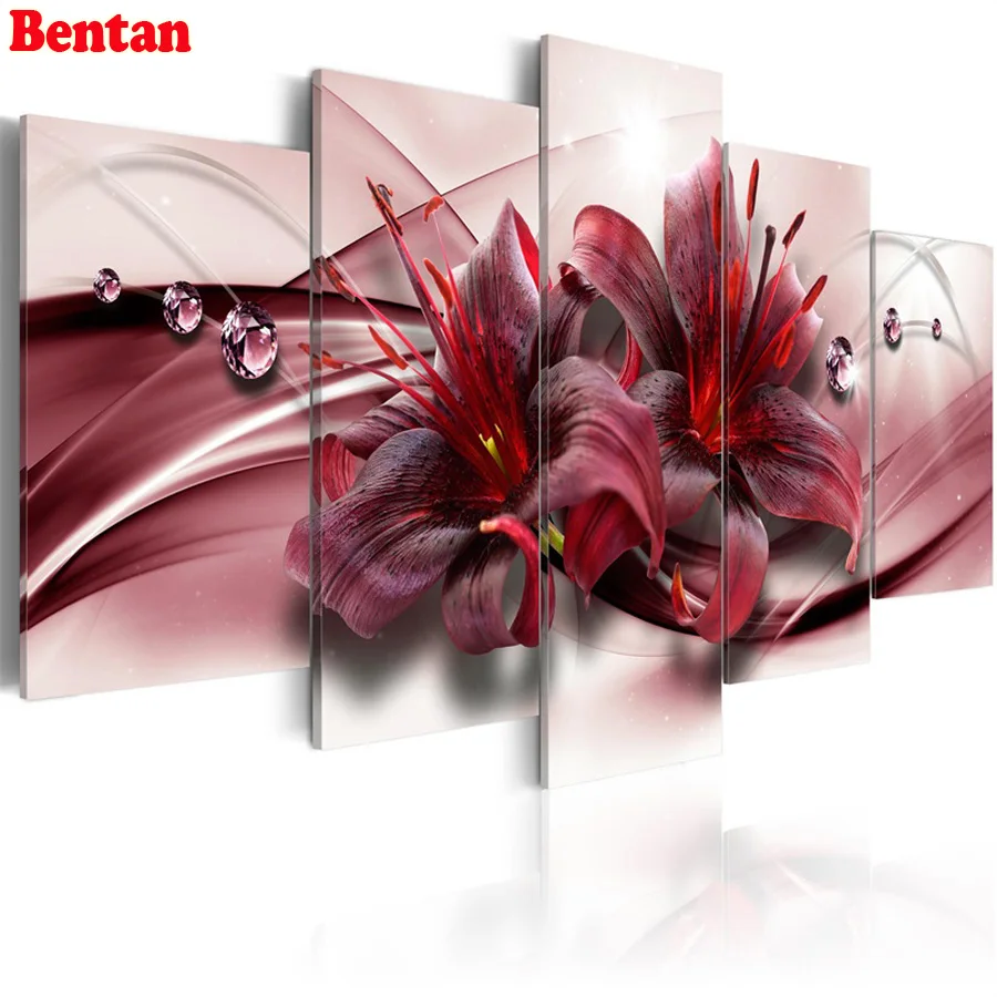 

5 pcs diy diamond painting lily flower 3d full square round drill,mosaic diamond cross stitch kits 5d diamond embroidery pattern