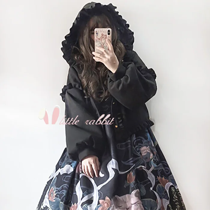 Japanese sweet Lolita coat autumn/winter plus velvet thickening wool Lolita kawaii jacket student long sleeve coat