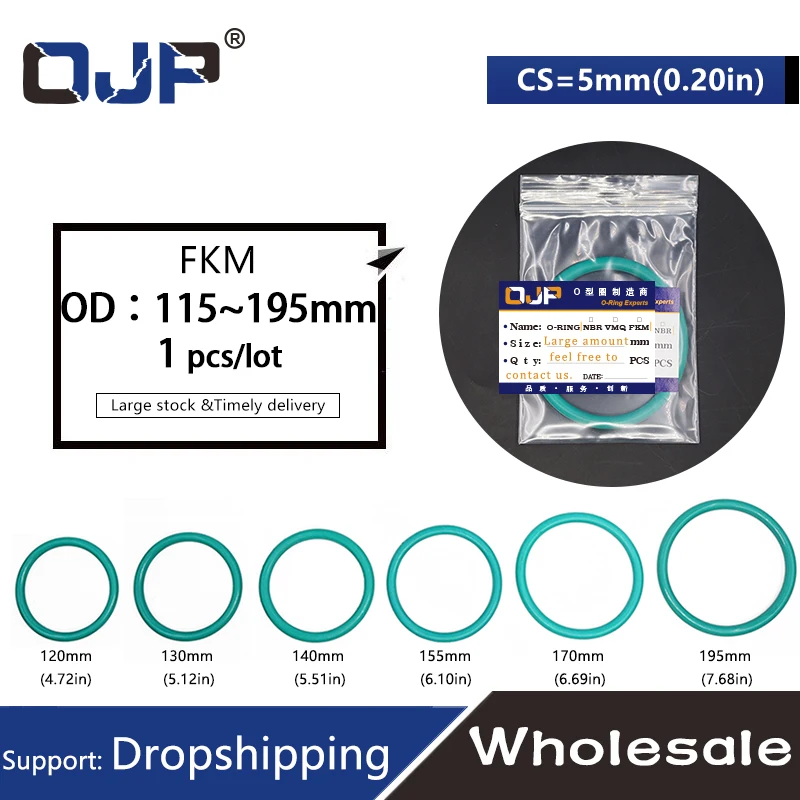 1PC Rubber Ring Green FKM O ring Seal CS5mm OD115/120/130/140/150/155/170/195mm Rubber O-Rings Seal Gasket Oil ORing Fuel Washer