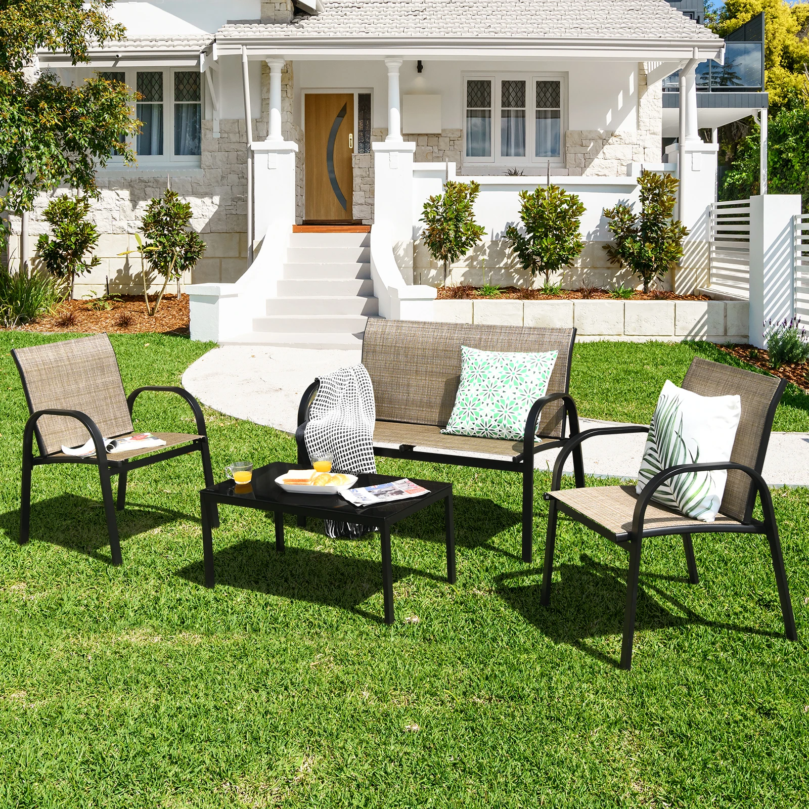 Patiojoy 4 PCS Patio Furniture Set Sofa Coffee Table Steel Frame Garden Brown