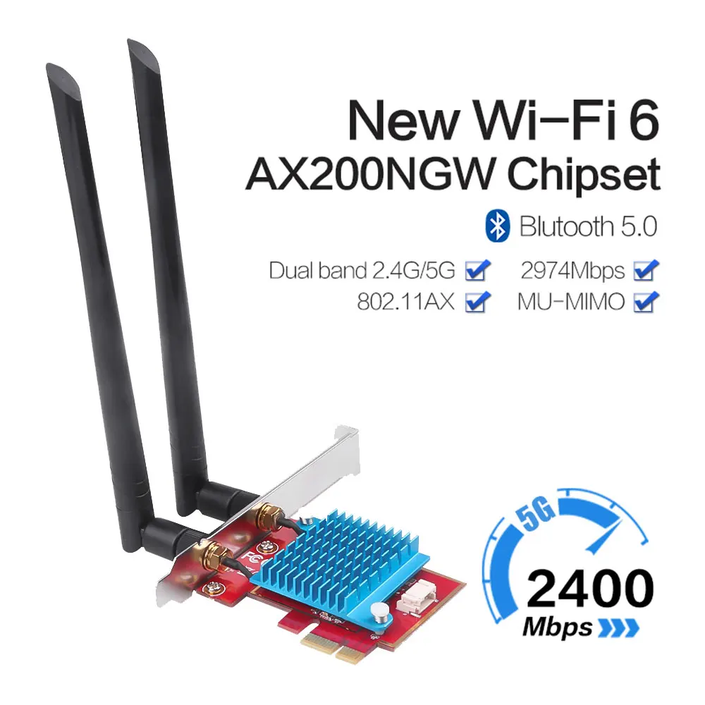 

Wi-Fi 6 Intel AX200 Двухдиапазонная сетевая карта 2974 Мбит/с PCIe Беспроводной Wi-Fi адаптер 2,4G/5 ГГц 802.11ac / ax Bluetooth 5,0 для настольного компьютера