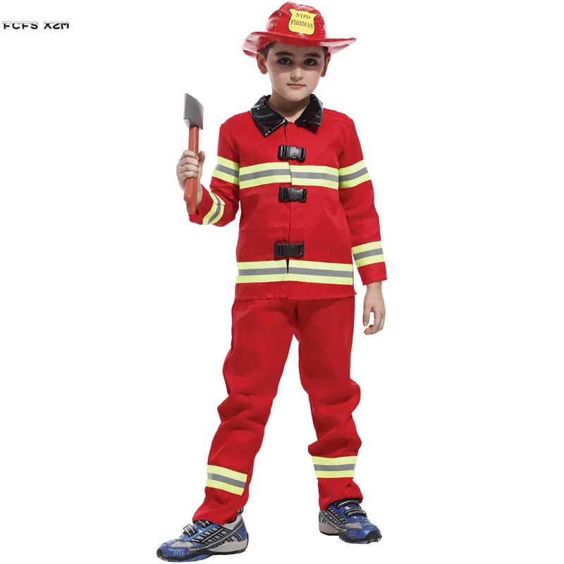 Boy Halloween Firemen Costumes Kids Children Firefighter Uniform Cosplay Carnival Purim Parade Stage Show Role Play Party Dress