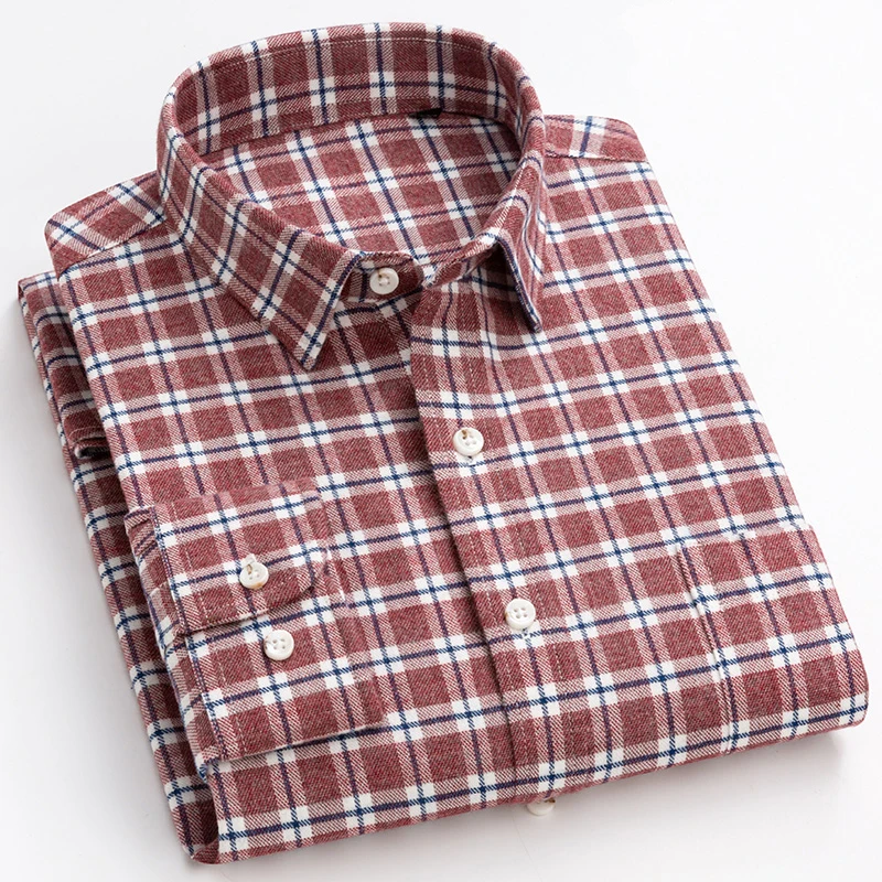 Casual masculino 100% algodão xadrez camisa único remendo bolso confortável algodão listrado padrão-ajuste manga longa botão para baixo camisas