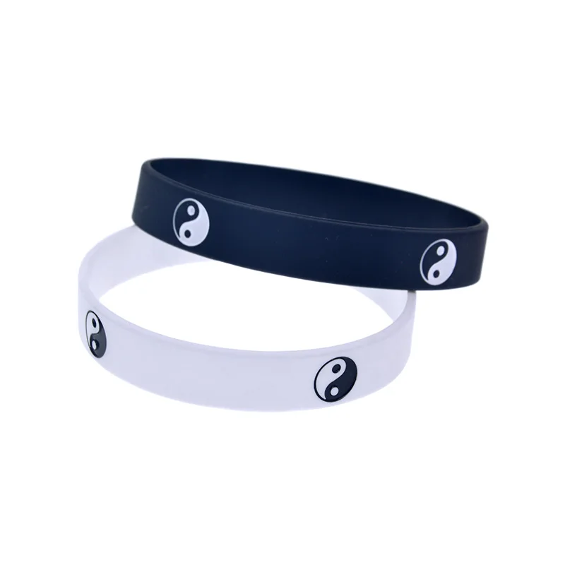 

50 Pcs Tai Chi Logo Silicone Wristband Music Gift Bracelet Black and White Adult Size