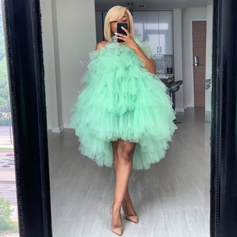 

Mint Green Hi-Lo Prom Dresses Strapless Zipper Back Tiered Ruffles Puffy Sweet Girls Party Gown Tutu Evening Dress