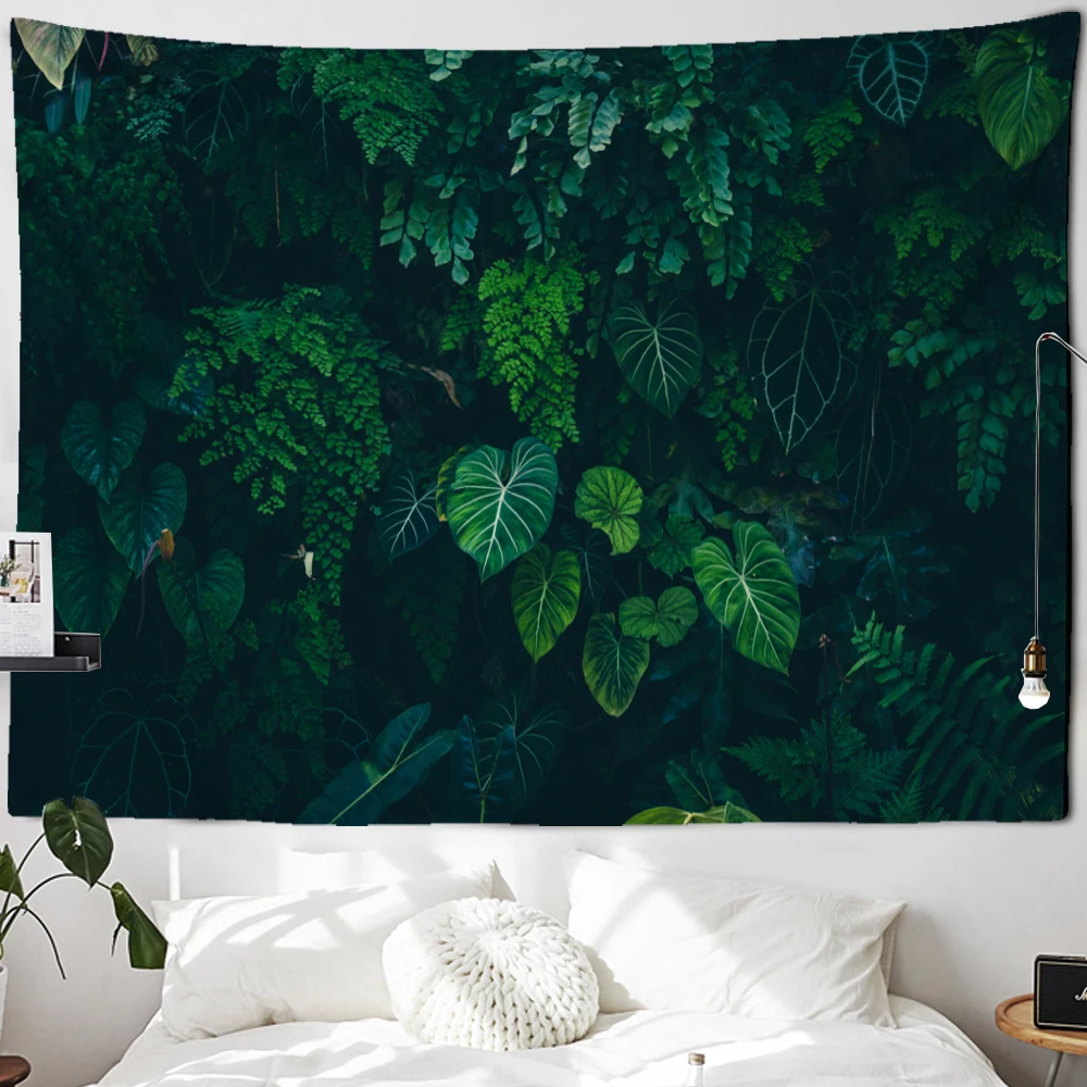 

Green Leaf Tapestry Natural Scenery Plant Wall Hanging Bohemian Home Living Room Bedroom Background Decor