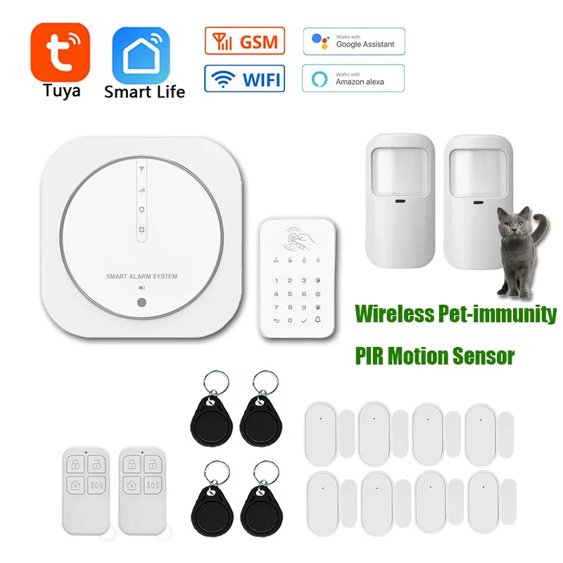 Tuya WiFi GSM 433MHz Wireless Home Alarm System With Motion Sensor Smart Home Burglar Alarm Works with Alexa & Google Assistant