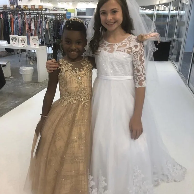 Formal branco primeiro comunhão vestido para meninas meia manga vestidos da menina de flor para o casamento rendas festa de aniversário vestido de princesa