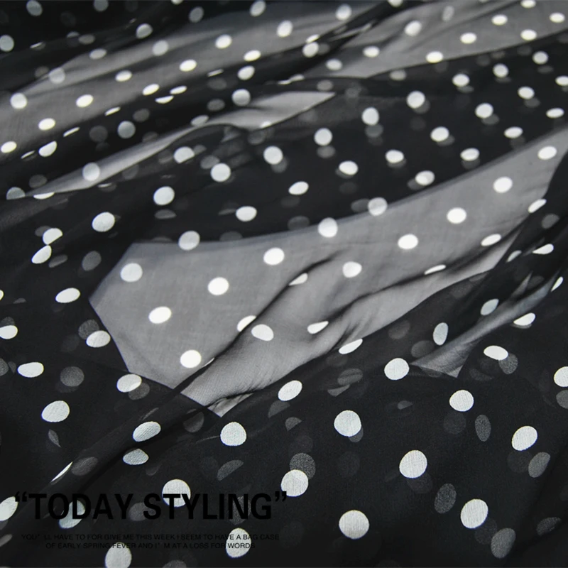 Silk Georgette Chiffon Fabric Dress Large Wide Black and White Polka Dot   Skirt Shirt clothing  DIY Patchwork Tissue