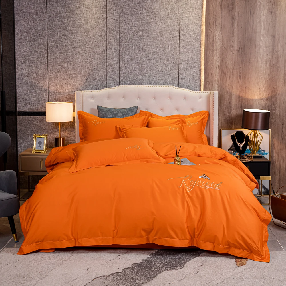 

2024 Four-piece bedding light luxury cotton double household bed sheet quilt cover embroidered little bee fashion bedding orange