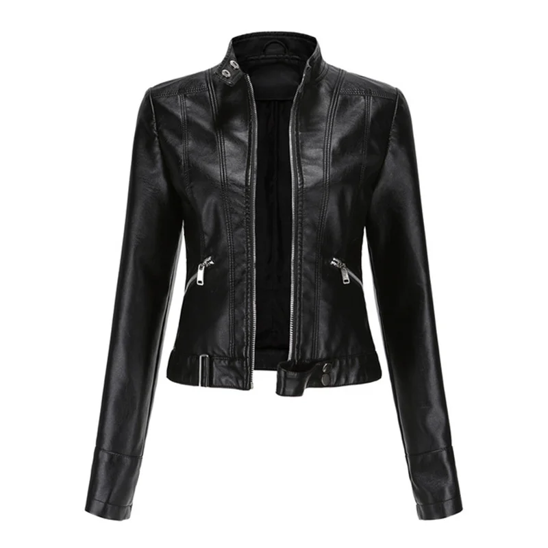 Spring Autumn Ladies Motorcycle Leather Jackets Solid Women Stand-up Collar With Zipper Slim Biker Outerwear  Female