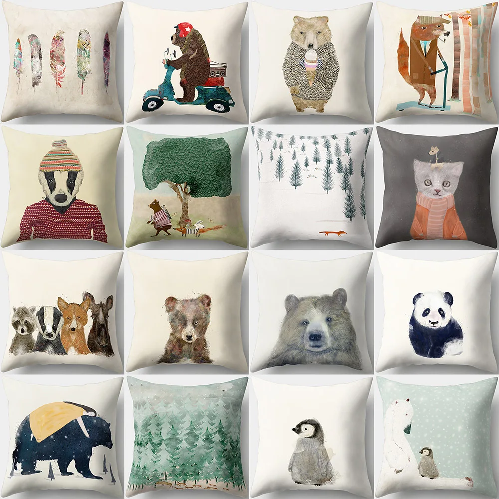 Home Decor Cartoon Cushion Cover Bear Dog Panda Animal Pattern Kids Soft Decorative Pillow Covers for Sofa Bed Peach Skin Cases