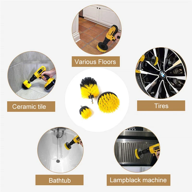 3Pcs/Set Electric Scrubber Brush DrillBrush Kit Round Cleaning Brush For Carpet Glass Kitchen Cleaning Nylon Brushes 2/3.5/4\'\'