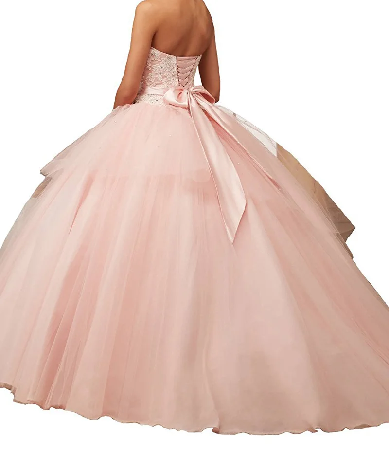 Meisjes Roze Prinses Zoete 16 Quinceanera Jurken Sweetheart Baljurk Wedding Party Dress Bow Tie Prom Dress Vestido De Fiesta