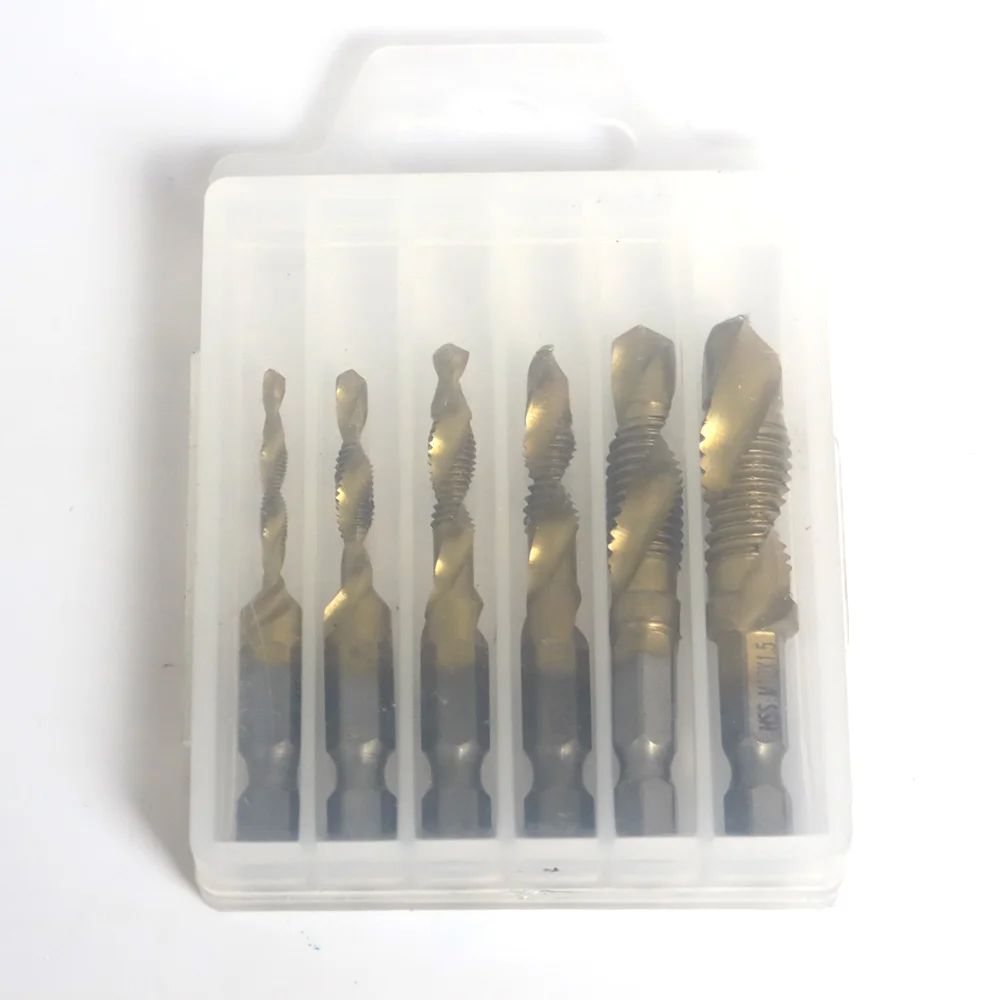6Pcs Tap เจาะชุดไทเทเนียม Hex Shank HSS สกรูเมตริกเจาะ Bits Compound เครื่องมือ m3 M4 M5 M6 M8