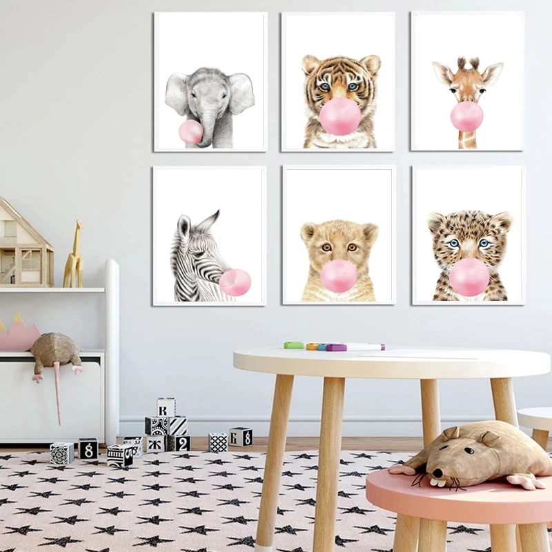 Cute Animals Blowing Bubbles Canvas Painting Wall Art Picture Posters and Prints for Living Kindergarten Bedroom Home Decoration