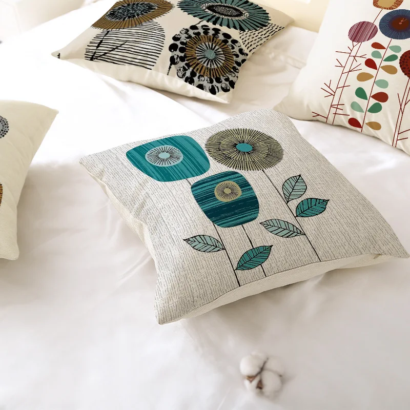 Geometric Flowers Plants Linen Cushion Cover Living Room Sofa Cushion Decorative Pillows Cover Home Simple Pillowcase 45X45CM