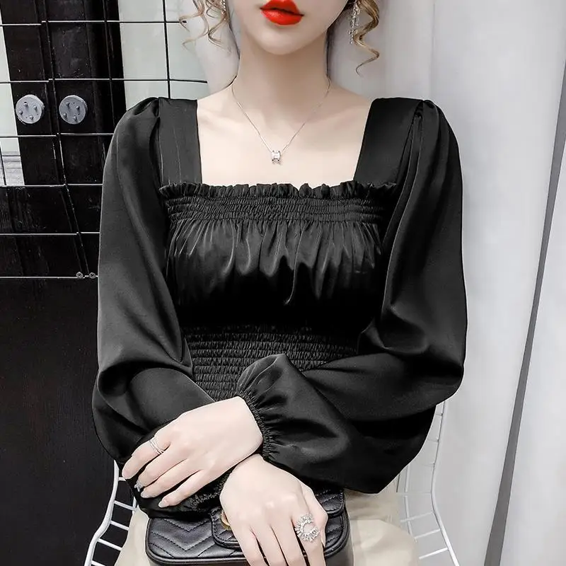 Blus Wanita Kerah Persegi Kemeja Wanita Musim Semi dan Musim Gugur Lengan Panjang Chiffon Ruffle Top Blusas Ropa De Mujer