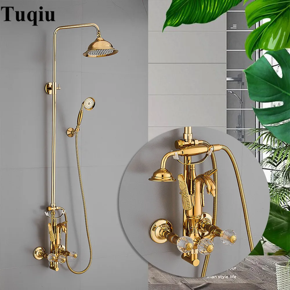 

Tuqiu Bathroom Shower Faucet Set Gold Swan Bathroom Rainfall Shower Mixer Tap Black Oil Brushed Brass Bath and Shower Faucet Set