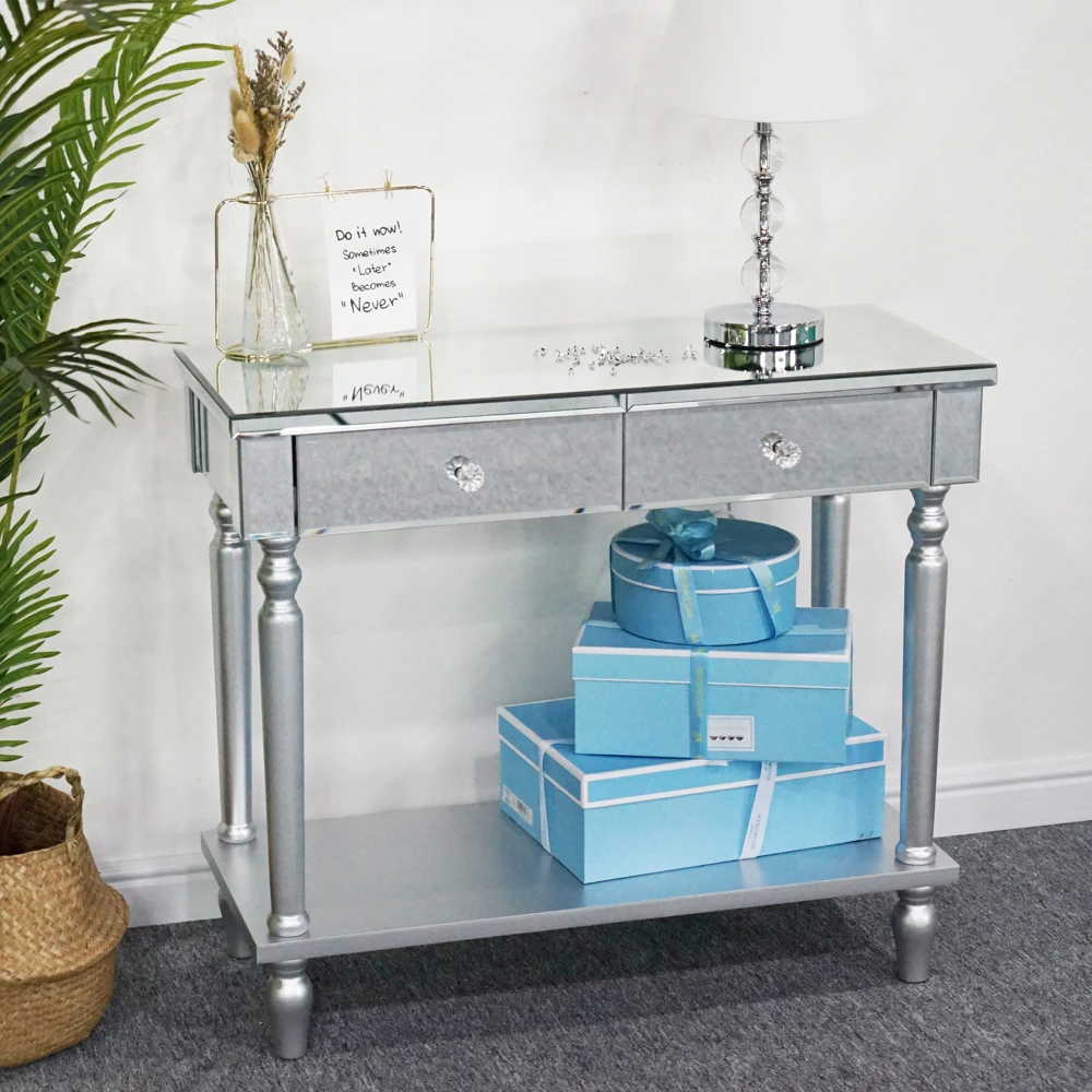 Mirror Surface Dressing Table 2 Drawers Dresser with Shelf Console Table Multi-Purpose Office Computer Desk 81x35x70CM Silver