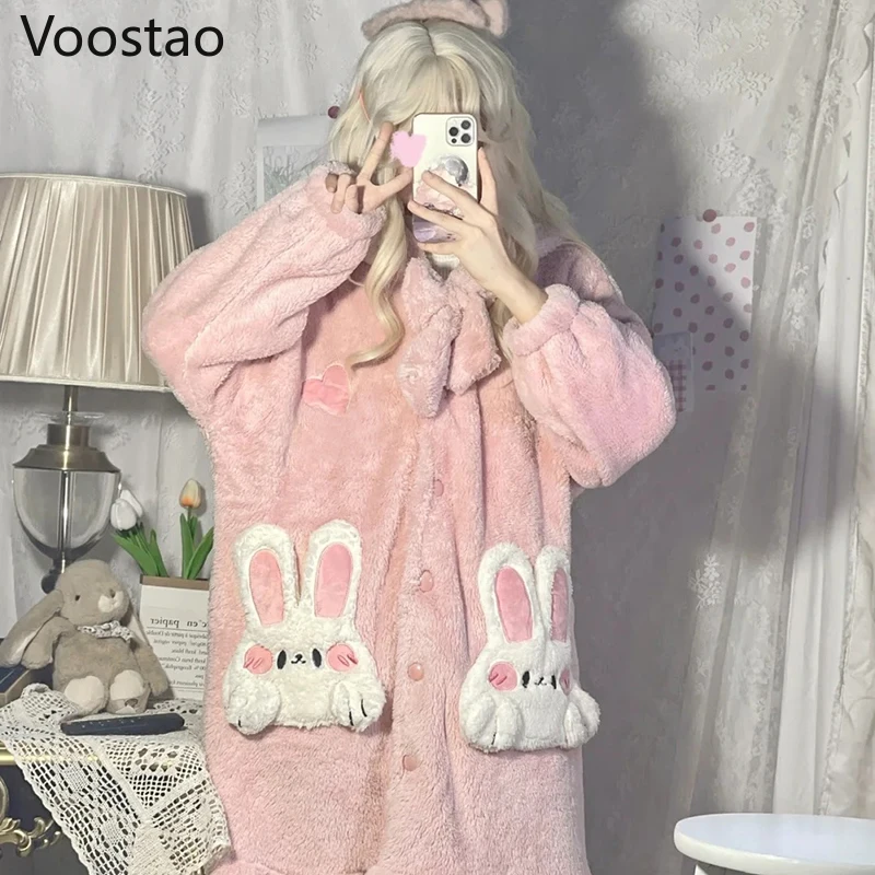 Autumn Winter Women Sweet Lolita Coral Fleece Pajamas Dress Cute Cartoon Rabbit Ears Hooded Homewear Robes Girls Plush Nightgown