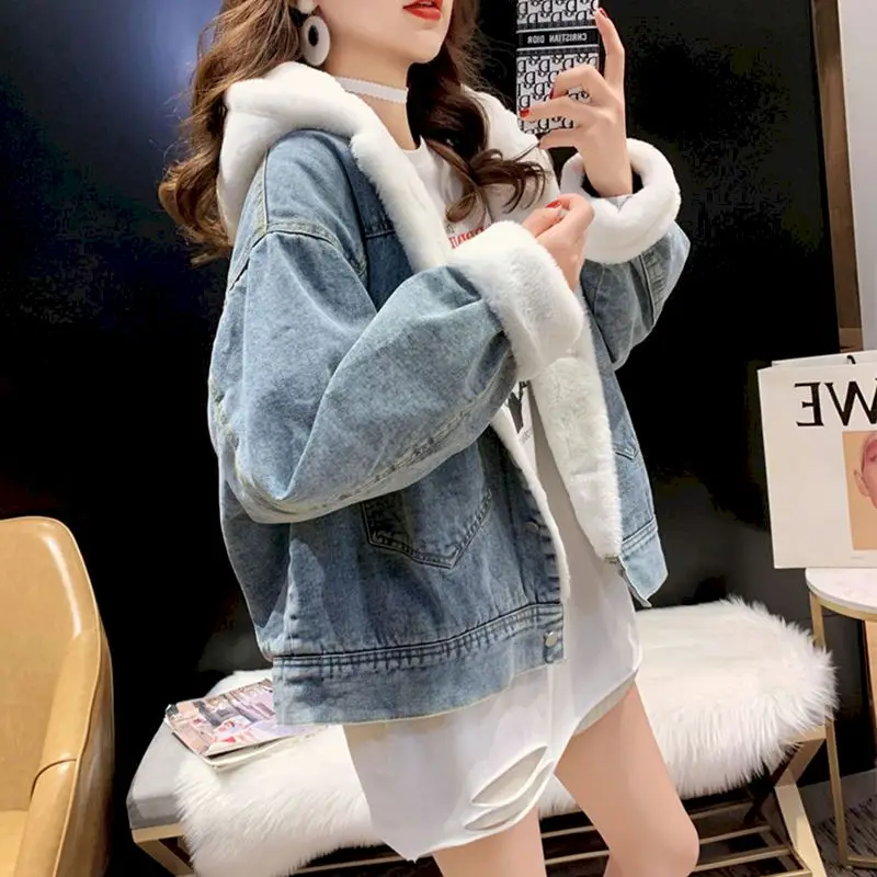 Thick Hooded Printed Denim Jacket Cardigan Fashion Hoodies Women Autumn Winter New Korean Loose Casual All-match Lamb Wool Coat