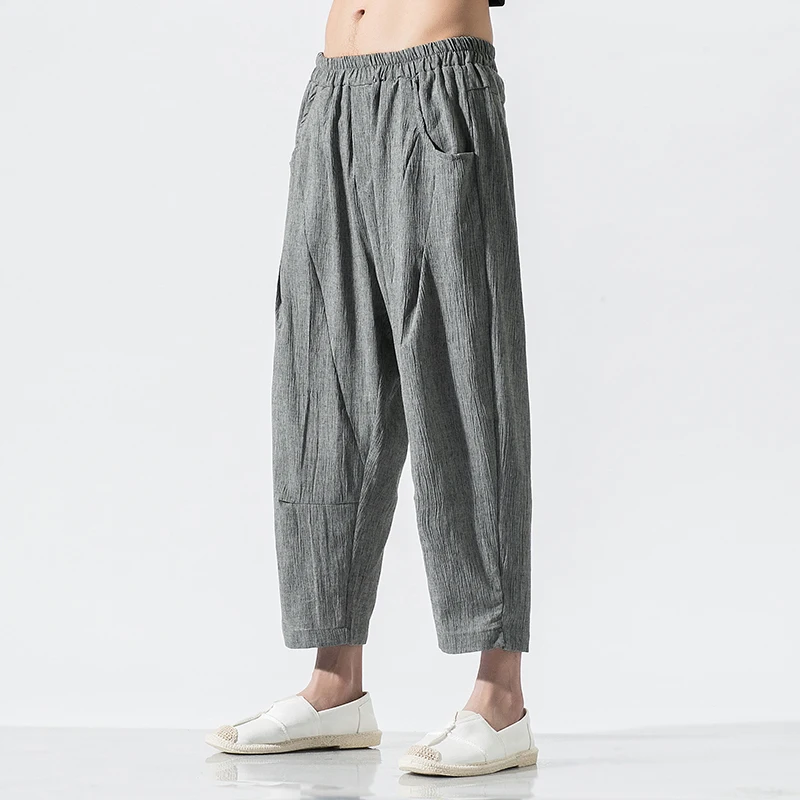 Mens Fashion Linen Pants Men Casual Drawstring Elastic Waist Trousers Male Solid Cotton Linen Calf-Length Pants Pantalones M-5XL