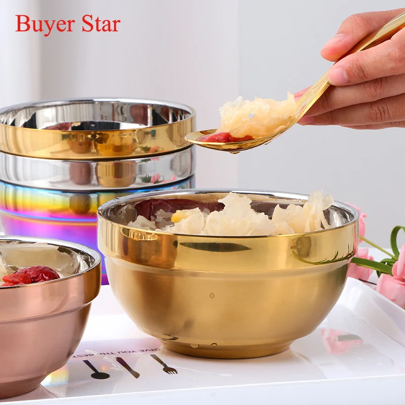 1/4PCS Stainless Steel Gold Round Bowl Rice Soup Double Hot Insulation Container Bowl Kitchen Tableware for Adult Children