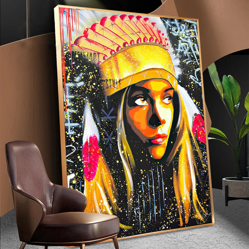 

Abstract Graffiti Indian Girl Wall Art Poster Painting On The Canvas Prints Aboriginal Beauty Mural Decor Pictures For Room