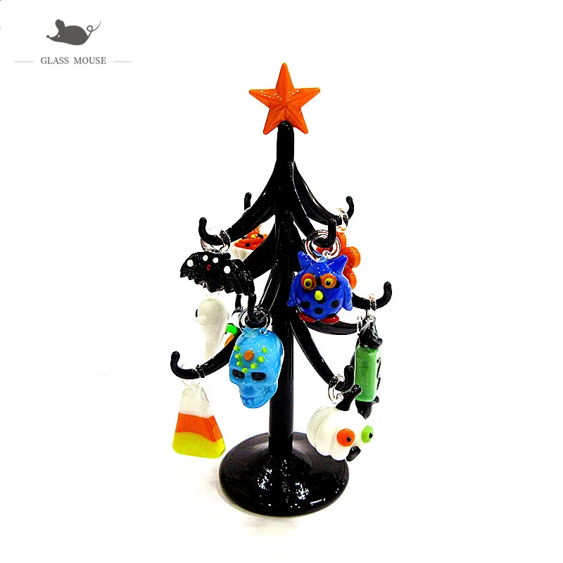 Whole set sale Hand made 15cm Murano black Glass tree Figurine ornament home Halloween decoration 12pcs Pendant accessories Gift