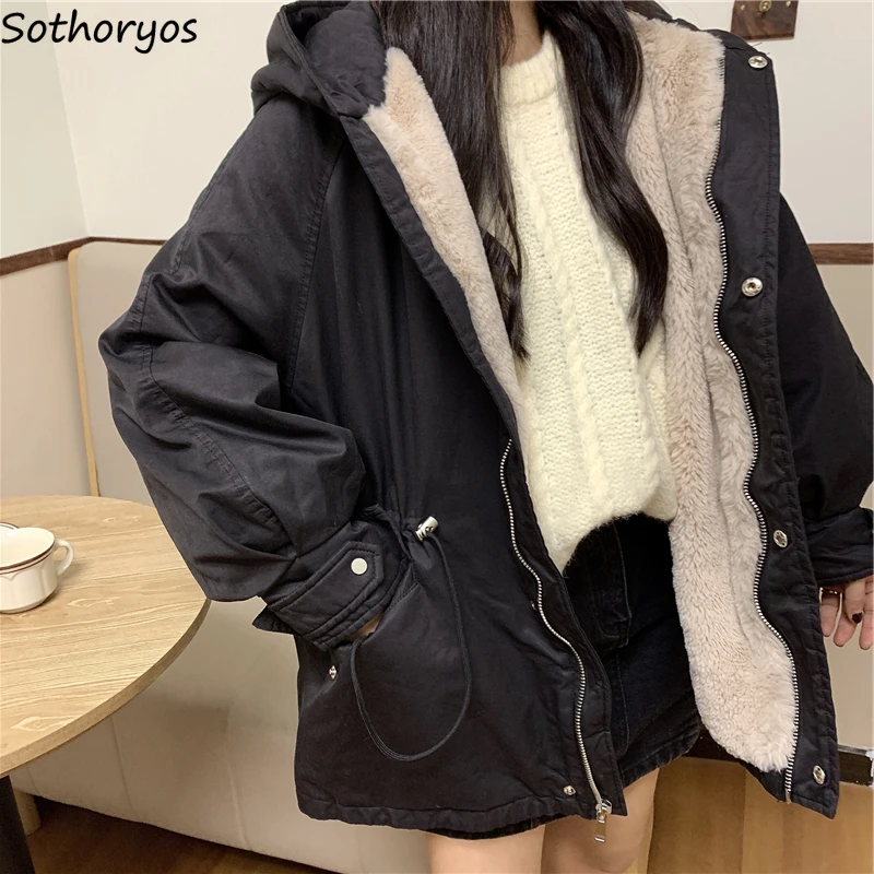 

ThickeningCargo Parkas Women PopularDrawstring Waist Multi Pockets Hooded Solid Winter Harajuku Warm Cozy Outerwear Couples