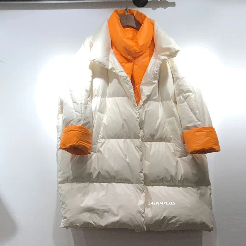 Korean Winter Puffer Jacket Women Down Coat 2022 Fashion Winter New White Duck Down Scarf Long Loose  Thick Coat YRF262