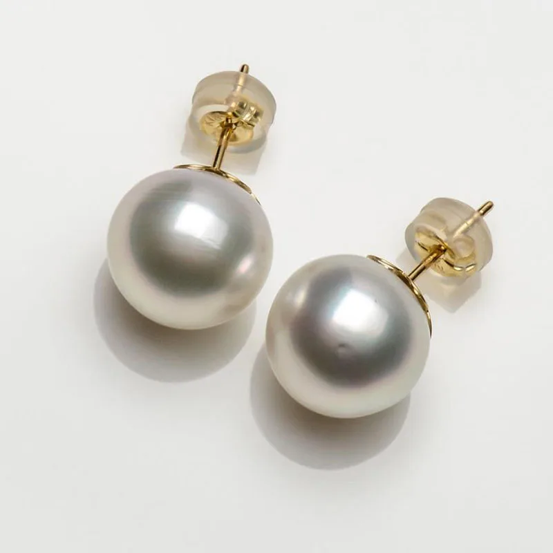 White South Sea Cultured Pearl Earrings 18k Yellow Gold 11.1mm