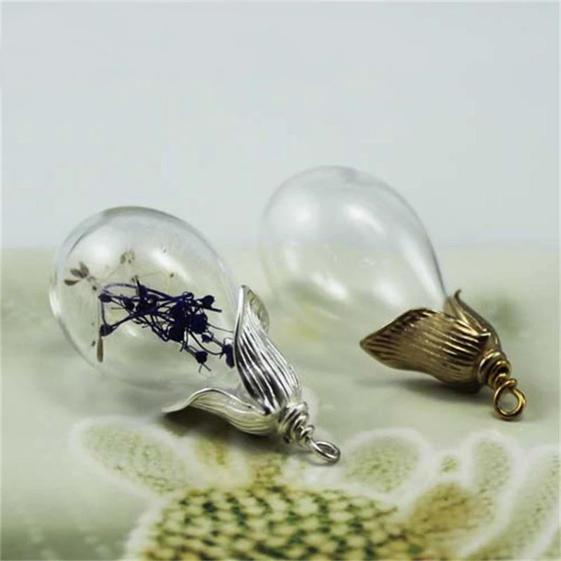 4PCS  31x18mm Hollow Round Drop Glass With Metal Caps Glass Vials Pendant Glass Bottle Charms Jewelry Findings