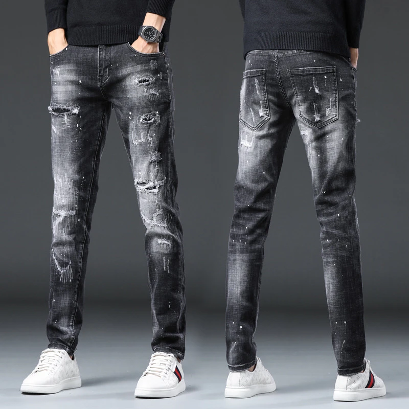 EH·MD® Ripped Hole Jeans Men's Paint Dots Ink Splattered Soft Cotton High Elastic Leather Label Black Grey Slim Pants Red Ears