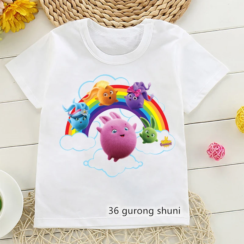 Kaos anak perempuan motif kartun, baju atasan anak perempuan modis, Kaus anak laki-laki menyenangkan musim panas, kaus gambar kartun Sunny Bunnies