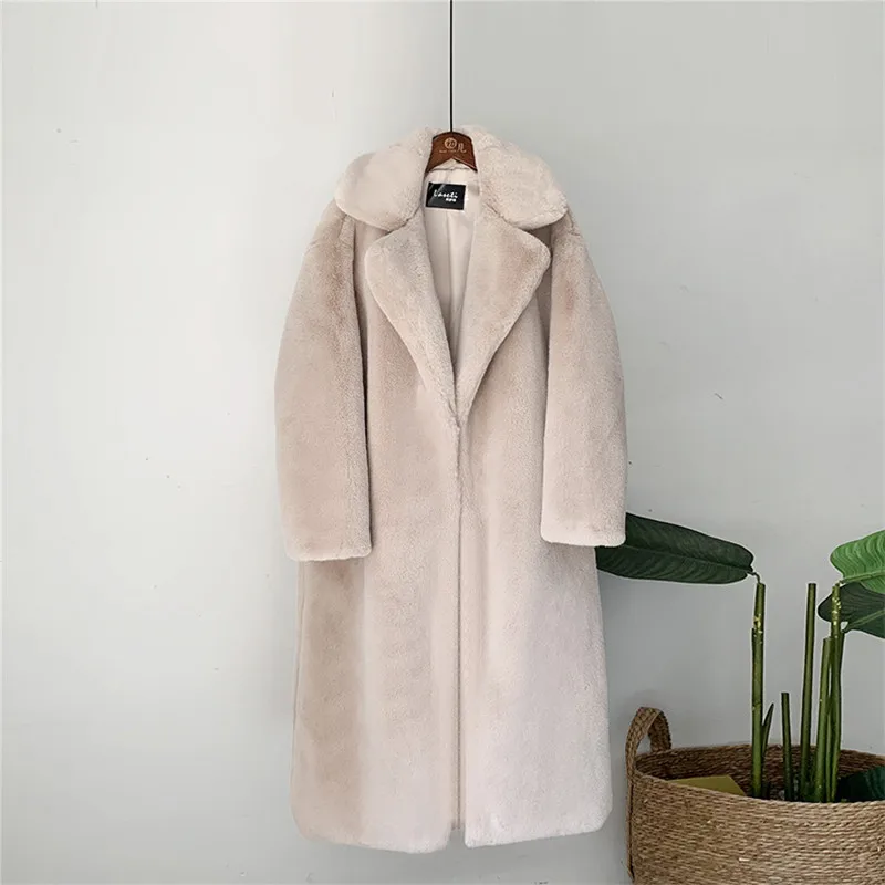 Winter Women High Quality Faux Rabbit Fur Coat Luxury Long Fur Coat Loose Lapel OverCoat Thick Warm Plus Size Female Plush Coats