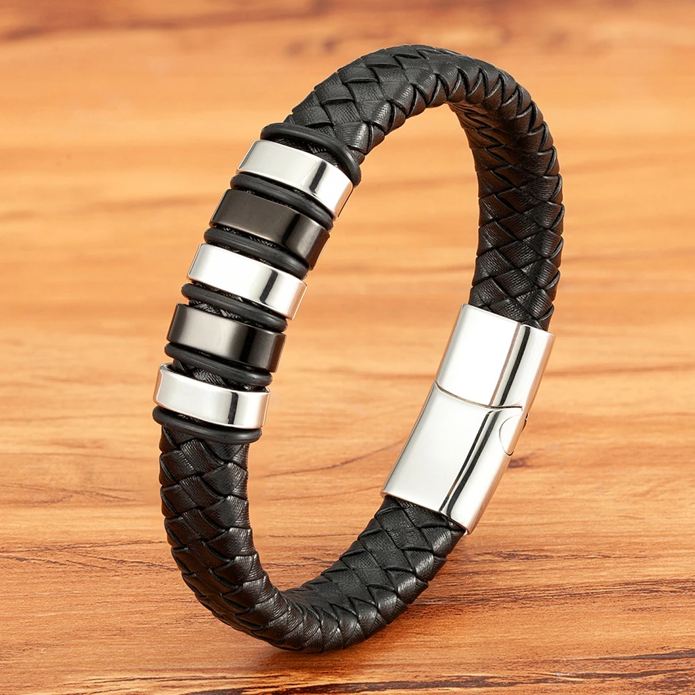 TYO Luxury Braided Rope Black Leather Stainless Steel Men\'s Bracelet High Quality Charm Magnetic Jewelry Accessories Wholesale