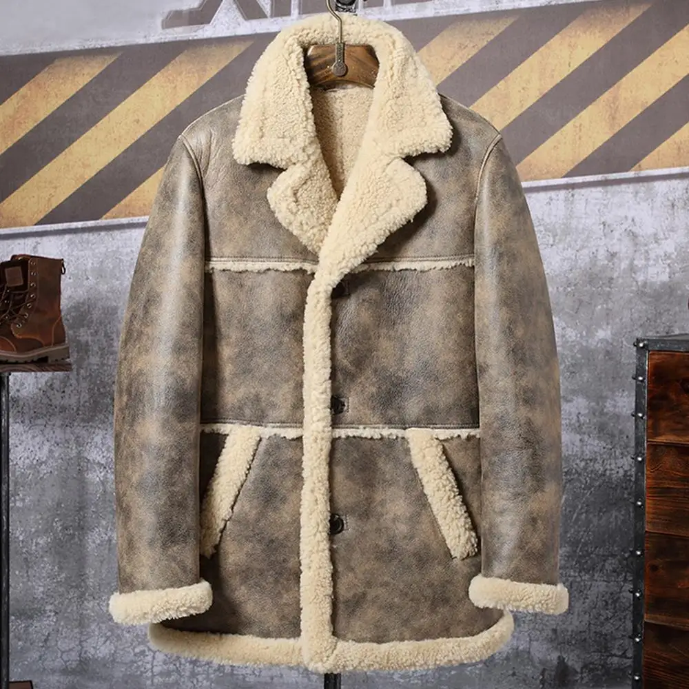 Mens Brown B3 Shearling Coat Bomber Jacket Hunting Leather Jacket Mens Winter Coats Long Fur Jacket Trench Coat