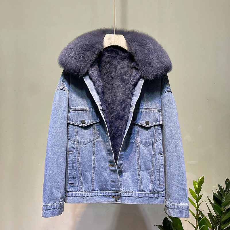 Winter Nieuwe Echt Konijnenbont Liner Denim Parka Letters Borduren Dikke Jean Jas Vrouwelijke Losse Vos Bontkraag Jas Bovenkleding