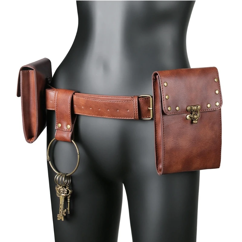 Vintage Belt Leather Waist Pack Women Men Steampunk Double Pouch Waist Bag Waterproof Phone Holder Bum Purse Knight Costume