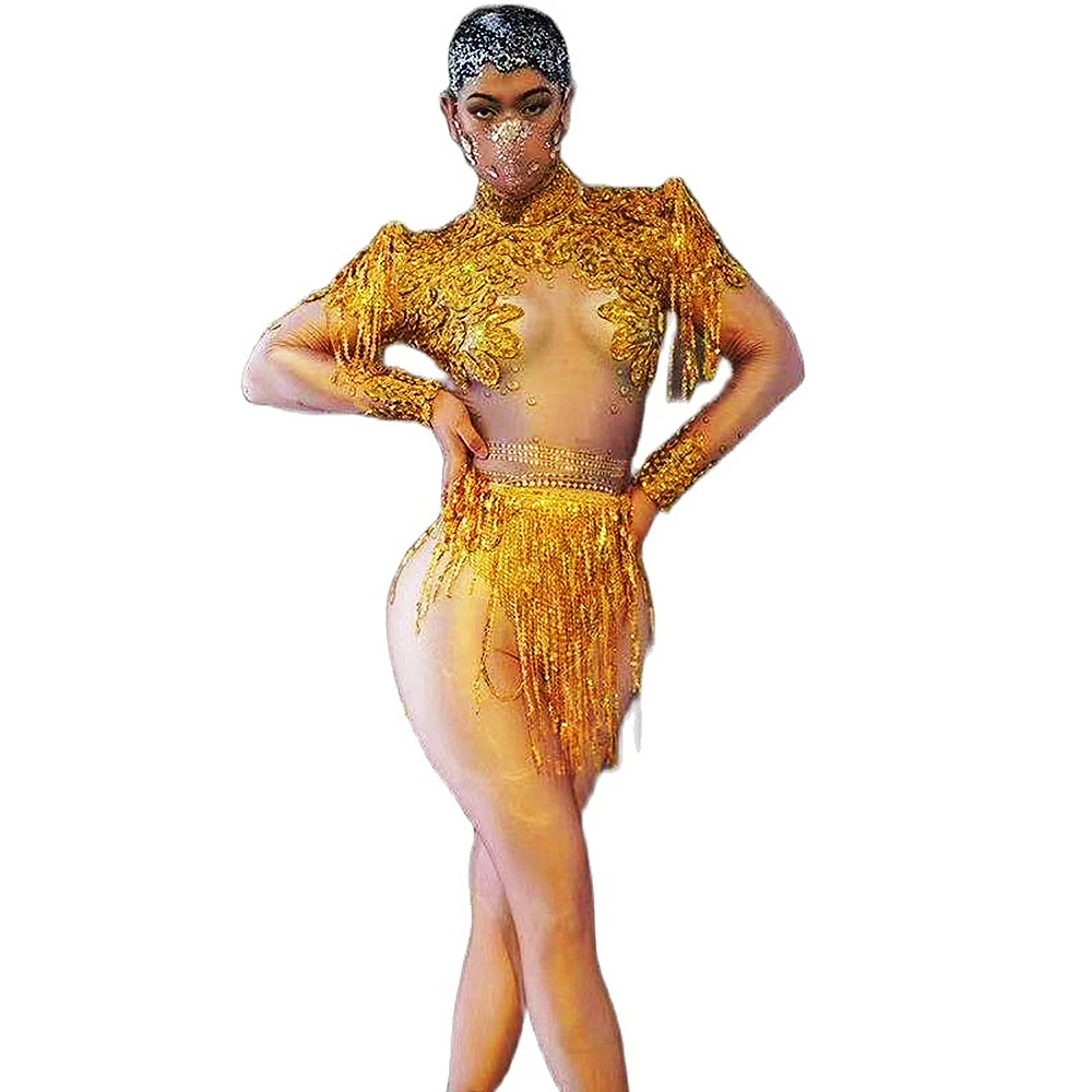 

Women 2 Pcs Set Gold Fringe Rhinestones Long Sleeve Embroidery Tights Appliques Shiny Costume Bar Dance Clothing