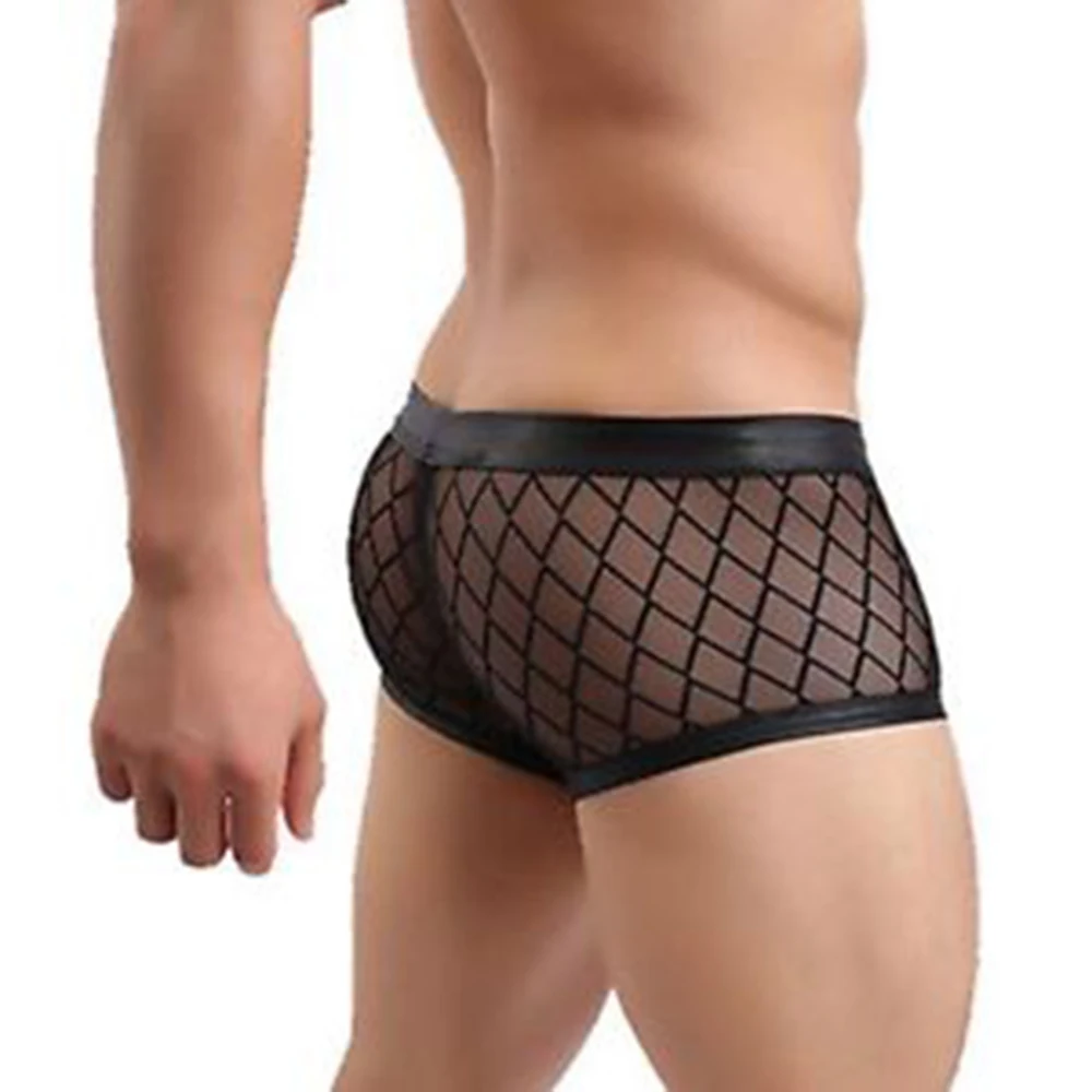 Black Sexy Breathable Thin Boxer Men Mesh Transparent See Through U-convex Underwear Boxer Lingerie Gay Wear Pants Plus Size