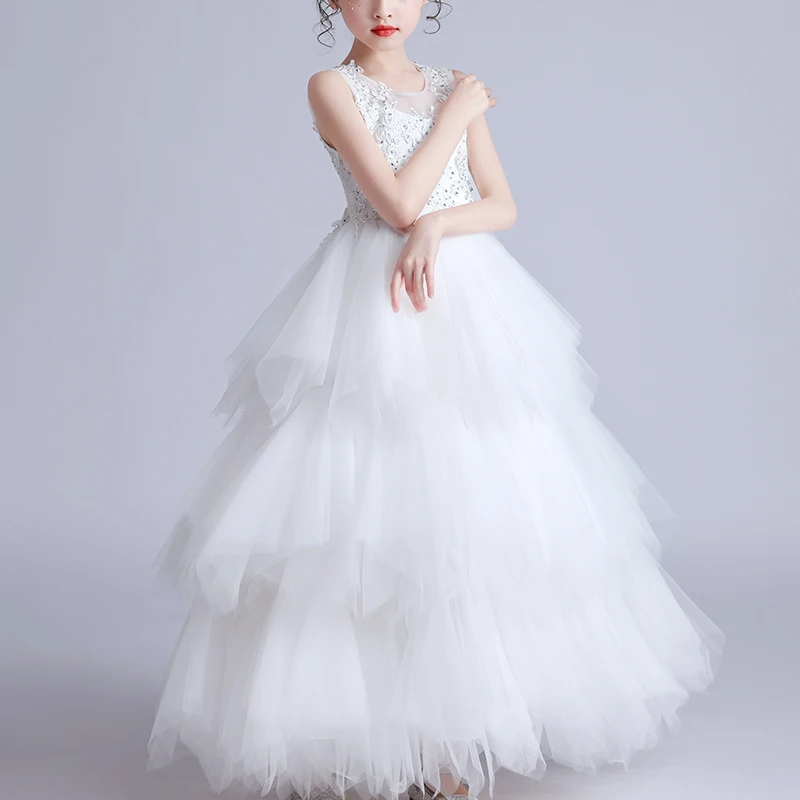 Kids Dresses For 4-15 Girls Wedding Party Frock Flower Gown Princess Evening Summer Dress Children's Layered Mesh Beads Dress